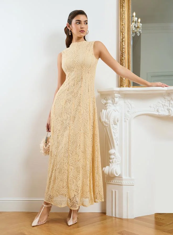 Styli Women Cream Sleeveless Lace Maxi Dress